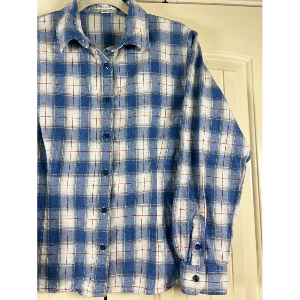 Pendleton Women's 100% Cotton Plaid Flannel Button Up Shirt Blue White Size M - Picture 3 of 12